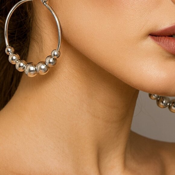 BOLD Elements Silver Hoop Earrings with Beaded Accents - Picture 1 of 4